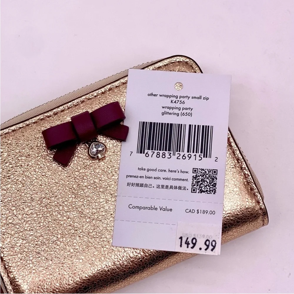 NWT Kate Spade / Wrapping Party - Glittering Rose Gold / Small Zip Card Wallet